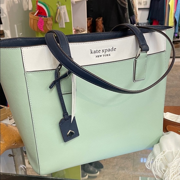 kate spade Handbags - Kate Spade Pastel Green and Dark Blue Tote